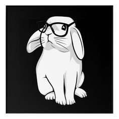 a white rabbit with glasses on it's head sitting in front of a black background