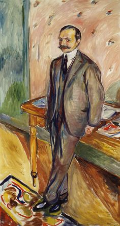 a painting of a man standing in front of a desk