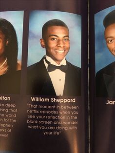 an open book with two pictures of people in tuxedos and the words william shepard