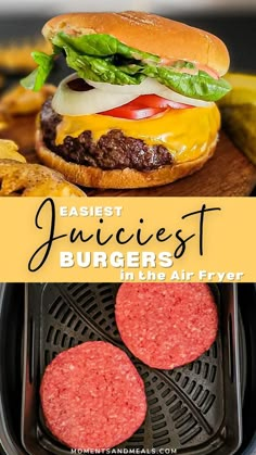 cheeseburger with lettuce tomato and onion on top and inside of air fryer basket with two raw burger patties on bottom. How To Make Hamburgers In The Air Fryer, Hamburger Ninja Foodi Recipes, How To Cook Burgers In Air Fryer, Cheese Burgers In Air Fryer, Hamburgers In Ninja Foodi Grill, Cheeseburgers In Air Fryer, Hamburger Pattie’s In Air Fryer, Ninja Foodi Burgers, Air Fryer Cheese Burgers