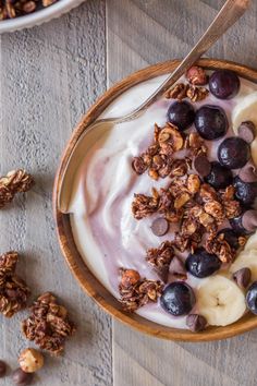 yogurt with granola and blueberries in a bowl