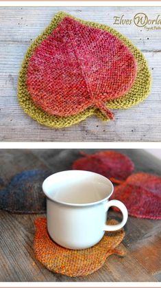 knitted autumn leaf coasters with coffee cup in front and on the bottom, two different colors