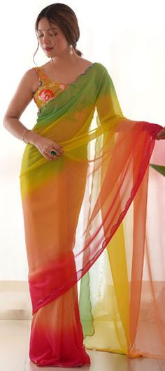 Multicolor color Saree in Faux Georgette fabric with Printed, Thread work Multicolor Blouse Piece With Sheer Dupatta For Reception, Multicolor Georgette Dupatta For Reception, Fitted Multicolor Organza Saree, Elegant Fitted Multicolor Saree, Yellow Organza Blouse Piece For Party, Multicolor Organza Unstitched Blouse Piece, Elegant Multicolor Georgette Blouse Piece, Party Multicolor Georgette Blouse Piece, Elegant Multicolor Georgette Blouse