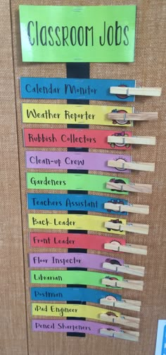 a bulletin board with clothes pins attached to it and the words classroom jobs written on them