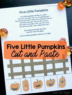 the five little pumpkins cut and pastee activity is shown on a table with candy