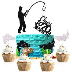 a birthday cake with cupcakes and an image of a man fishing on it