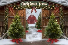 christmas trees are on display in front of an open barn door with red bows and lights