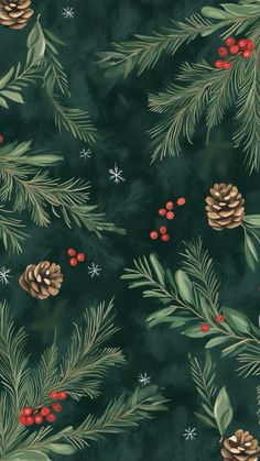 a green background with pine cones, berries and evergreen leaves on it's sides