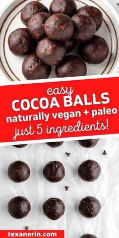 chocolate balls with text overlay that says easy cocoa balls naturally vegan + paleo just 5 ingredients