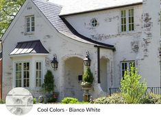 a large white brick house with lots of windows and plants in the front yard area