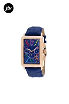 Stainless steel case, Leather strap, Blue dial, Automatic movement, Scratch resistant mineral, Water resistant up to 5 ATM - 50 meters - 165 feet //  CV9144 Mineral Water, Blue Leather, Accent Colors, Stainless Steel Case, Leather Watch, Leather Straps, Multi Color, Water Resistant, Stainless Steel