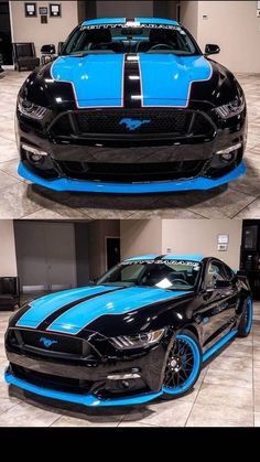 two pictures of the front and side of a black mustang with blue stripes on it