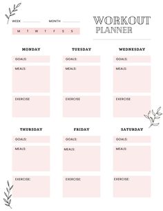 the printable workout planner is shown in pink