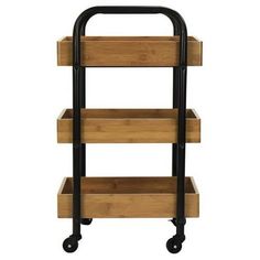 a three tiered wooden cart with black wheels and two trays on each side