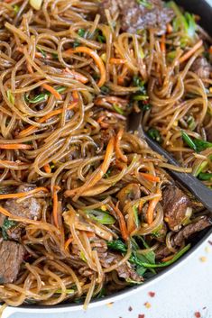 beef lo mein noodles with carrots and green onions in a skillet, ready to be eaten