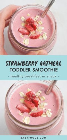 strawberry oatmeal toddler smoothie in a jar with strawberries and almonds