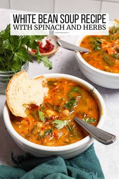 two bowls of white bean soup with spinach and herbs in the bowl on top