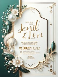 save the date card with gold and white flowers, pearls and leaves on green background