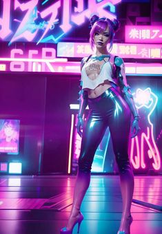 a woman standing in front of neon signs with her hands on her hips and wearing high heels