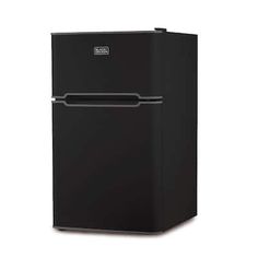 a black refrigerator freezer sitting on top of a white surface with the door open