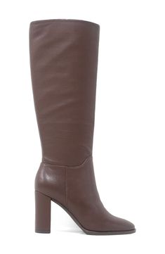 Minimal detailing brings wardrobe-spanning versatility to this comfortably cushioned knee-high boot framed with an almond toe and demi block heel. 3 1/4" heel 14 3/4" shaft; 14 1/2" calf circumference Cushioned footbed Leather upper/synthetic lining/rubber sole Imported Brown Wide Calf Knee-high Boots, Chic Tall Brown Heeled Boots, Brown Tall Heeled Boots Medium Width, Brown Tall Boots With Stacked Heel, Brown Tall Heeled Boots With Wide Calf, Brown Tall Heeled Boots Medium Fit, Brown Tall Heeled Boots For Wide Calf, Brown Tall Wide-calf Heeled Boots, Brown Faux Leather Knee-high Boots With Block Heel