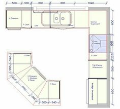 the kitchen floor plan is shown with measurements