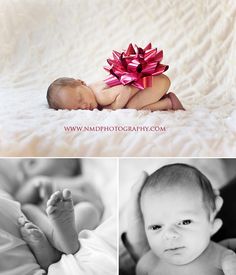 a baby laying on top of a white blanket next to a pink bow and another photo