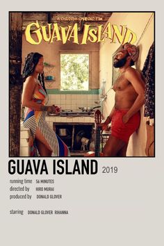 a man and woman standing in front of a kitchen with the caption guava island