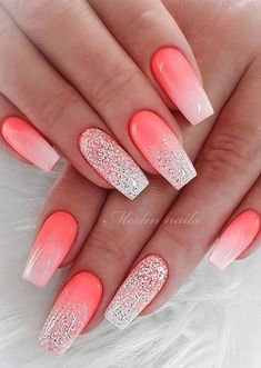 Sparkling coral ombre nail art on long coffin nails Coral Ombre Nails, Uñas Color Coral, Summer Nails Colors Designs, Summer Nail Colors, Nails With Glitter, Coral Nails, Fabulous Hair, Bride Nails, Acrylic Nails Coffin Short