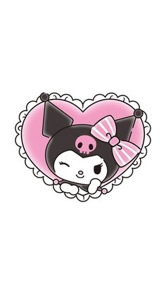 a pink heart with a black and white cat on it's side, in the shape of a heart