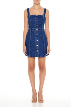 Button-Front Denim Mini Dress | Forever 21 Spring Denim Mini Dress With Snap Buttons, Mini-length Cotton Denim Dress With Buttons, Chic Mini-length Denim Dress With Button Closure, Fitted Summer Dresses With Snap Buttons, Denim Mini Dress With Snap Buttons, Casual A-line Fitted Pinafore Dress, Summer Fitted Mini Pinafore Dress, Fitted Mini Pinafore Dress For Summer, Denim Mini Dress With Buttons