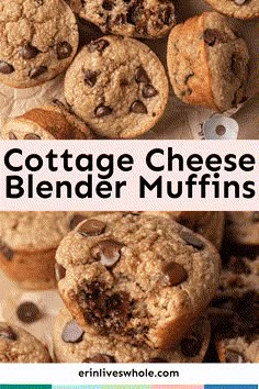 collage of cottage cheese blender muffins with chocolate chips in the middle