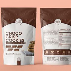 two bags of chocolate crisp cookies on a pink background