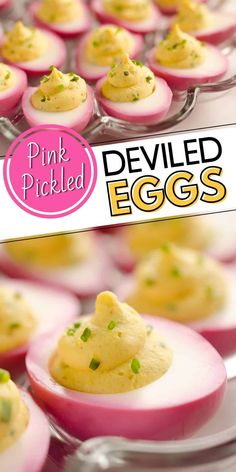 deviled eggs with pink pickled deviled eggs on them