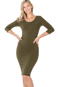 Your comfortable cotton bodycon fitted midi dress. Lightweight, soft and stretchy. Knee length that's perfect for any casual or cocktail setting. Fabric: 95% Cotton, 5% Spandex | Premium Cotton Fabric Bodycon Fitted | Midi Dress | Scoop Neck Form Fitted | Knee Length | 3/4 Sleeve Durable Material | Solid | Basic Essential | Lightweight One Piece Dress Knee Length, Ribbed Knit Bodycon Dress, Fitted Midi Dress, Bodycon Dress With Sleeves, Boho Mini Dress, Summer Fashion Dresses, Body Dress, Knee Length Dresses, One Piece Dress