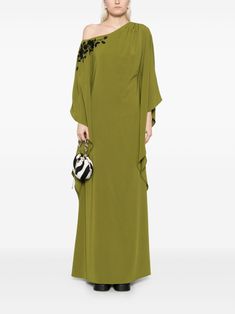 Find MARCHESA Floral-embroidered Draped Dress on Editorialist. olive green stretch-design floral embroidery draped detailing one-shoulder side zip fastening long sleeves flared hem floor-length Marchesa Notte Dress, Designer Drapes, Draped Dress, Marchesa, Design Floral, Floral Embroidery, Green Dress, Side Zip, Floor Length