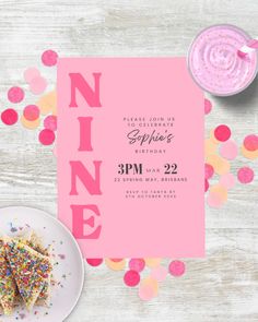 a pink birthday party card with sprinkles and confetti on it