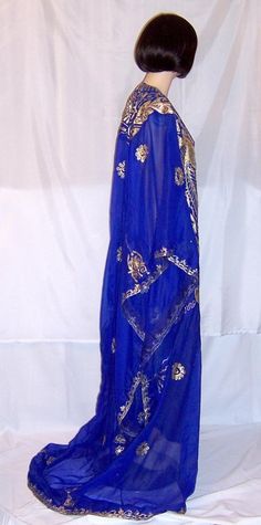 Middle Eastern Electric Blue Wedding Caftan Electric Blue Wedding, Womens Costumes, Gold Sequins, Women's Costumes, Metallic Thread, Blue Wedding, Middle Eastern, Blue Fabric, Silk Fabric