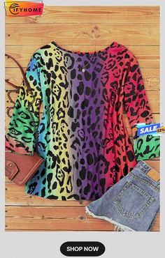 Colorful Leopard Gradient Loose Blouse Three Quarter Sleeve Shirt, Long Sleeves Tops, Leopard Top, Leopard Print Top, Loose Blouse, Club Dresses, Quarter Sleeve, Three Quarter Sleeves, Women's Tops