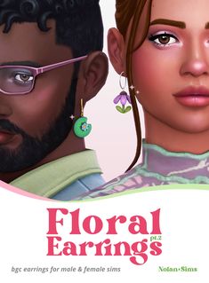 the front cover of floral earrings for female and male sims, featuring an image of a man and woman