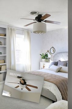 a bed room with a neatly made bed and a ceiling fan