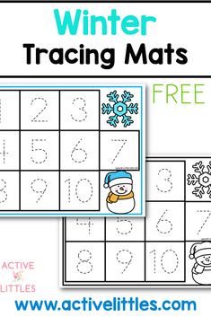 two winter themed worksheets with numbers and letters