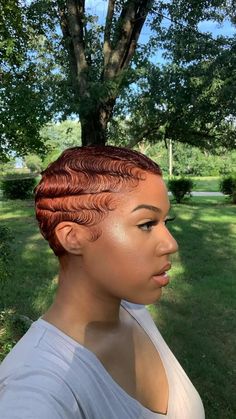 Ginger Hair Black Women Finger Waves, Copper Fingerwaves, African American Finger Waves Styles, Finger Waves Short Hair Black Women 4c, Honey Blonde Finger Waves, Natural Hair Finger Waves, Ginger Finger Waves Black Women, Pixie Auburn Hair, Ginger Low Cut Hair Black Women