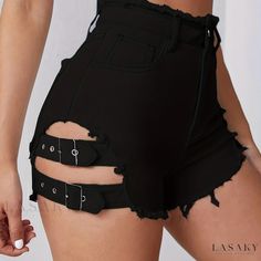 Lasaky - Womens High-Rise Black Denim Shorts with Raw Hem, Side Cut Out Design, and Slash Pockets - Stylish Short Denim Trousers Goth Shorts, Big Girl Clothes, Goth Shoes, Women's Denim Jeans, Biker Outfit, Pride Outfit, Short Denim, Side Cuts, Goth Outfits