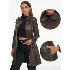 This long jacket features a lapel collar, slim fit silhouette, long sleeves, a zip closure, and is crafted from faux leather. The zip closure allows you to easily secure the jacket and create a streamlined and tailored look. The faux leather fabric gives the jacket a sleek and polished appearance, perfect for adding an edge to any outfit. The lapel collar adds a hint of sophistication while maintaining a sense of rebelliousness. It frames your face beautifully and adds an element of edge to the Fitted Outerwear With Lapel Collar And Zipper, Fitted Collared Leather Jacket With Zipper Closure, Fitted Collared Leather Jacket With Zipper, Fitted Leather Jacket With Collar And Zipper, Fall Faux Leather Jacket With Lapel Collar, Faux Leather Jacket With Lapel Collar For Fall, Sleek Brown Long Sleeve Outerwear, Moto Biker Jacket, Pu Leather Jacket