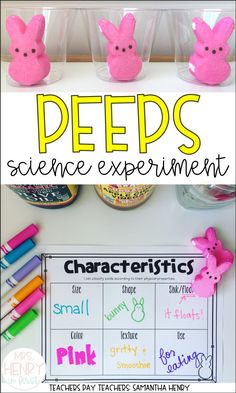 peeps science experiment for kids with pink and yellow writing on the bottom, in front of