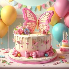 a birthday cake with pink icing and butterflies on top, surrounded by balloons and streamers