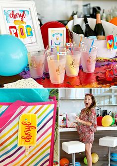 a collage of photos with drinks and balloons in the background, including an ice cream sundae