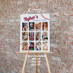 a sign on a wooden easel in front of a brick wall with pictures of babies