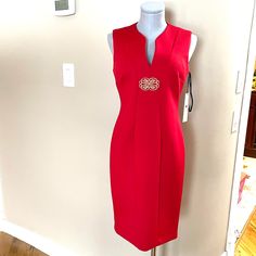 Nwt Calvin Klein Red Sleeveless Dress Sz 4 Red Fitted Sleeveless Mini Dress, Red Fitted Sleeveless Midi Dress, Elegant Red V-neck Sleeveless Dress, Red Sleeveless Dress For Spring Formal, Elegant Red Sleeveless Dress For Spring, Calvin Klein Elegant Sleeveless Formal Dress, Elegant Red Sheath Sleeveless Dress, Calvin Klein Fitted V-neck Sleeveless Dress, Calvin Klein Fitted Sleeveless V-neck Dress